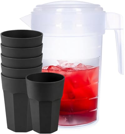 Plasticforte Waterkan van 2 Liter - transparant - kunststof - met 6x stuks onbreekbare drinkglazen - zwart - 520 ml