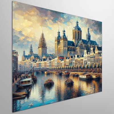 Olieverf groningen schilderij | Reflectie van het verleden en de schoonheid van Groningen | Kunst - 40x40 centimeter op Dibond | Foto op Dibond