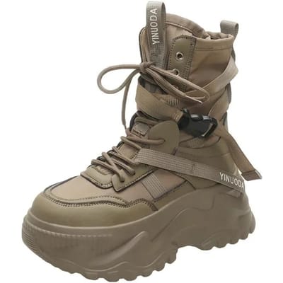 Mode Dames Chunky Platform Motorlaarzen Witte Veters Dikke Zool Schoenen Vrouw Herfst Winter Enkel Laarzen 34 kaki
