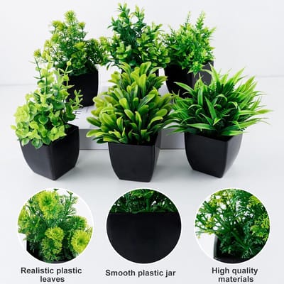 Famanu - 6 stuks kunstplanten in pot, kleine decoratieve planten, mini-kunstplanten, plastic kunstdecoratie voor bureau, huis, balkon en badkamer