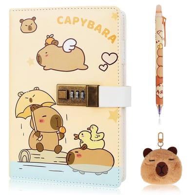 Dailygoods - Capybara Dagboek met slotset: A5, gelinieerd, dagboek met code, 256 pagina's, notitieboek voor kinderen, dagboek voor kinderen, met pen en Capybara-sleutelhanger, voor meisjes en jongens