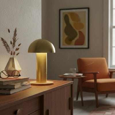 LUSENZ Noryn - Paddenstoel lamp oplaadbaar Goud 25 cm - Draadloze tafellamp - Dressoir lamp - Scandinavisch design - Dimbaar - USB-C kabel - Metaal -