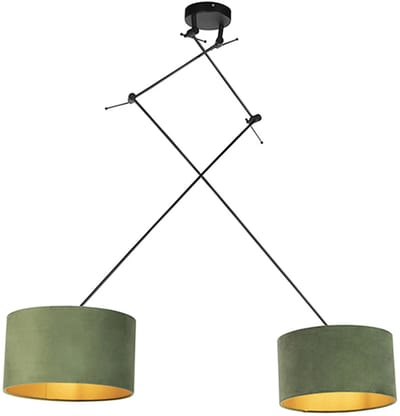 QAZQA blitz - Landelijke Hanglamp met kap - 2 lichts - L 750 mm - Zwart Goud - Woonkamer | Slaapkamer | Keuken