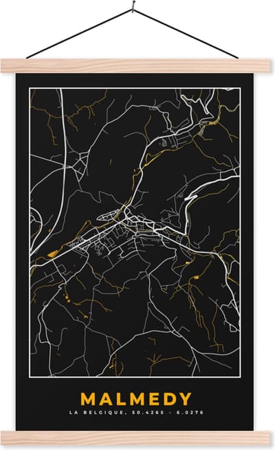 Posterhanger incl. Poster 40x60 cm - Schoolplaat - Malmedy - Goud - Plattegrond - Kaart - Stadskaart - Textielposter - Blanke latten - Stadskaart