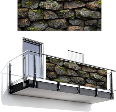 Balkonscherm 300x110 cm - Balkonposter Stenen - Mos - Grijs - Groen - Balkon scherm decoratie - Balkonschermen - Balkondoek zonnescherm