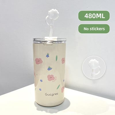 316 Roestvrijstalen Thermosfles Voor Meisjes Dubbellaagse Thermische Koffiekop Met Rietje Kersenbloesem Drinkbeker Reismokken 480ml white