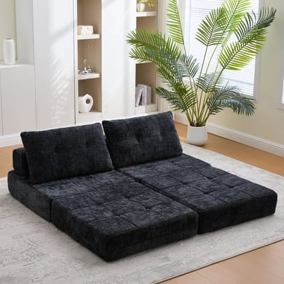MODFU Opvouwbare Slaapbank - Met Rugleuning En Kussens - Voor Woonkamer Of Logeerkamer - Chenille - Zwart - 79 X 79 X 57 Cm