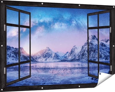 Gards Tuinposter Doorkijk Melkweg bij de Besneeuwde bergen - 150x100 cm - Tuindoek - Tuindecoratie - Wanddecoratie buiten - Tuinschilderij