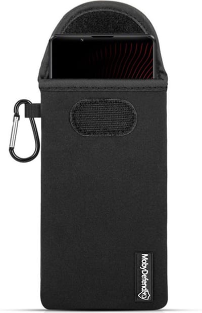 MobyDefend Hoesje - Geschikt voor Sony Xperia 1 III - Neopreen Pouch Met Karabijnhaak - Insteek - Riemlus - Zwart
