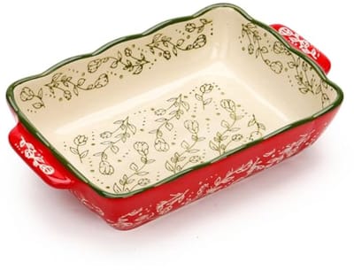 Ovenschaal klein keramiek 1-2 personen - handbeschilderd bloemen - rood crème - bakvorm ovenschaal
