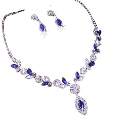 Bruids sieraden set- Sari -Blauw- ketting met oorbellen- Trouwen- Zilverkleur- Charme Bijoux