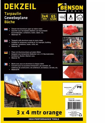 Benson Oranje dekzeil - 2x3 m - Waterdicht - PE 65GSM - Lichtgewicht