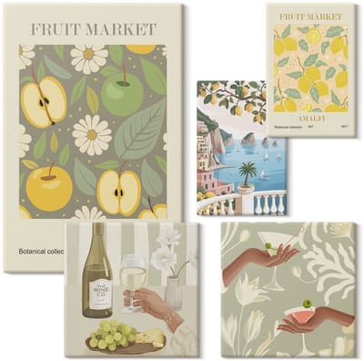 Wallfluent Set van canvas schilderijen - Sfeervolle fruit- en botanische illustraties uit de jaren 70 Canvas Schilderijen Set - Set van 5 Canvas Schilderijen - Groente Set van Canvas Prints - Categorie: Eten Canvas Kunst Set