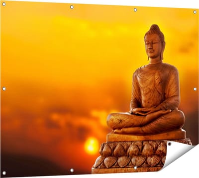 Gards Tuinposter Boeddha Standbeeld bij Zonsondergang - 120x90 cm - Tuindoek - Tuindecoratie - Wanddecoratie buiten - Tuinschilderij