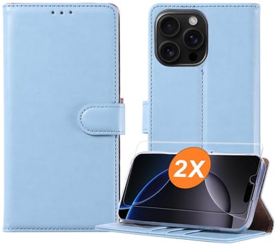 Hoesje geschikt voor iPhone 16 Pro hoesje Blauw pasjeshouder telefoon hoes - Met screenprotector tempered glass voor iPhone 16 Pro - 2x