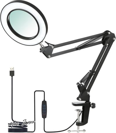 Mrs. Jones Neoglint Vergrootglas met licht - vergrootlamp 8-voudige loep 64 dimbare leds 12 W 1200 lm 3 kleurmodi 10 helderheidsniveaus zwenkarm en klem - vergrootglas met licht en standaard cosmeticalamp .