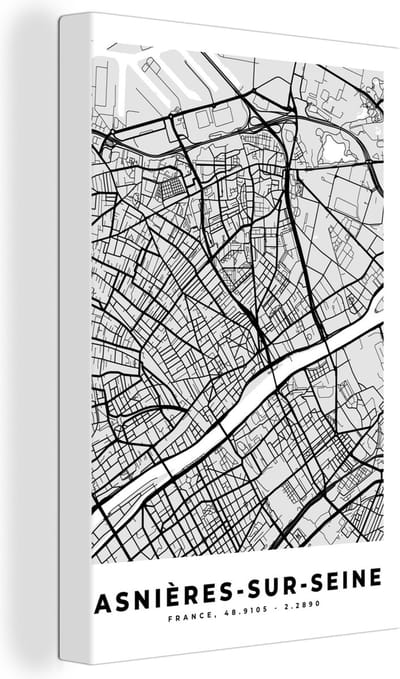 Canvas Schilderij Asnières-sur-Seine - Plattegrond - Frankrijk - Kaart - Stadskaart - 20x30 cm - Wanddecoratie