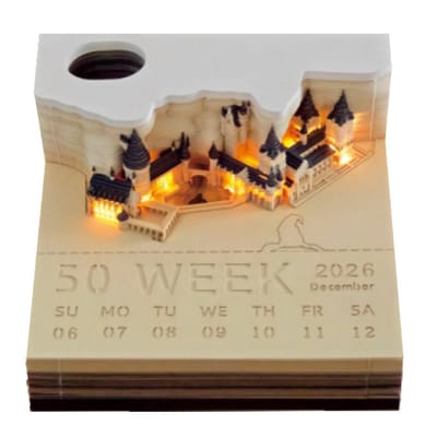 longziming -Kalender 2026 – 3D Kalender 2026 met LED Verlichting – Tijd Stuk Kalender met Kasteel Design – plakbriefje – Mini-bureaukalender – Afscheurbare Notitieblok Kalender – Creatieve Bureau Decoratie en Cadeau