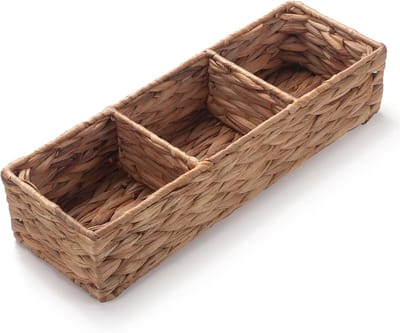 Opbergmand met 3 vakken, rieten mand voor het opbergen, tampon, waterhyacint, rechthoekig, 37 cm x 12 cm x 8 cm