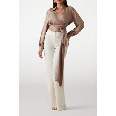 GUESS Marciano By  Dorian Ls Wrap Blouse Natural Almond Größe: 38 | Longsleeves Outlet | Damen | Braun