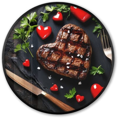 Poster in lijst Rond - Fotolijst 60x60 cm - Posters - Steak - Hart - Bestek - Ronde posterlijst zwart - Decoratie - Wanddecoratie woonkamer - Muurdecoratie slaapkamer