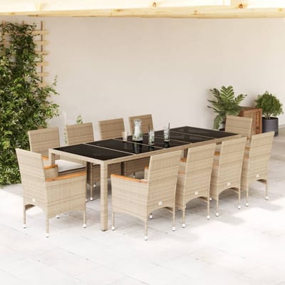 vidaXL - 11-delige - Tuinset - met - kussens - poly - rattan - en - glas - beige