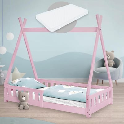 Kinderbed tipi 80x160 cm in roze met matras en valbeveiliging - Speelbed voor kinderen