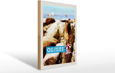 Holzschild Reise 30x40cm Ostsee Strand Steine Natur Meer Urlaub