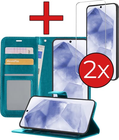 Hoesje - Met 2x Screenprotector - Geschikt voor Samsung Galaxy A55 - Luxe Pasjeshouder - Flip Case - Bookcase Portemonee - Kunstleer Book Case - Flipcase Hoes - Book Cover - Walletcase - Portemonneehoes - Telefoonhoes - Turquoise