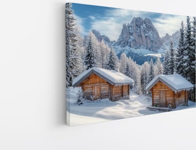 Saammp Canvas Schilderij - 2 Besneeuwde Huizen - Natuur - Landschap - 45x30 - Foto op canvas - Wanddecoratie - Muurdecoratie Woonkamer - Slaapkamer decoratie - Canvas Print