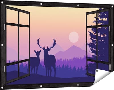 Gards Tuinposter Doorkijk Twee Herten - Zonsondergang - Silhouet - 120x80 cm - Tuindoek - Tuindecoratie - Wanddecoratie buiten - Tuinschilderij