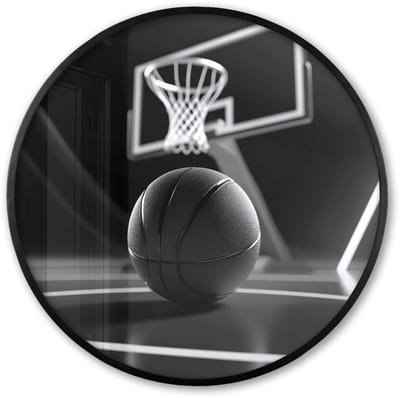 Poster in lijst Rond - Fotolijst 60x60 cm - Posters - Basketbal - Basketbalveld - Lichtlijnen - Ronde posterlijst zwart - Decoratie - Wanddecoratie woonkamer - Muurdecoratie slaapkamer