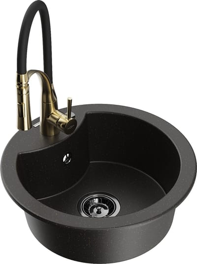Mexen Diego granieten gootsteen 1-komorige met Astera keukenkraan, zwart/goud metallic - 6512-75-73450-57-B