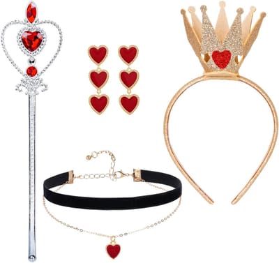 Koninklijke Hartaccessoires Set met Kroon, Toverstaf, Hartketting, Oorbellen en Ring voor Carnaval en Cosplay Feestjes