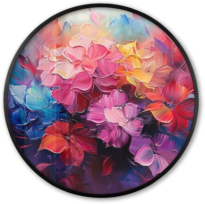 Poster in lijst Rond - Fotolijst 60x60 cm - Posters - Bloemen - Verf - Abstract - Kleurrijk - Ronde posterlijst zwart - Decoratie - Wanddecoratie woonkamer - Muurdecoratie slaapkamer