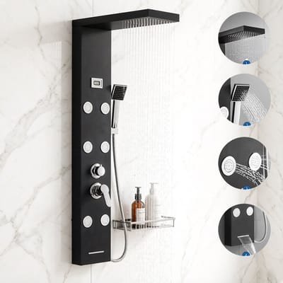 Auralum max Douchepaneel Zwart - RVS Douchepaneel - 5 functie - Regendouche - Digitaal Display - Spa Jets - Douche Set - Waterbesparend