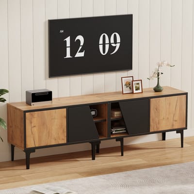 Sweiko TV-kast - Houtnerfafwerking - Opbergplanken - 7 steunpoten - Natuurlijke + Zwart