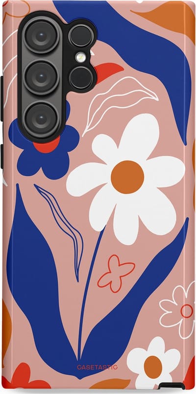 Casetastic hoesje geschikt voor Samsung Galaxy S23 Ultra - Dubbellaagse bescherming - Eenvoud in bloei - Fashion Case - Perzik Donkerblauw Wit