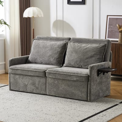 Multifunctionele Chenille Slaapbank – Verstelbare Rugleuning met 5 Standen – 2-in-1 Bank & Logeerbed – Met USB/Type-C Oplaadpoort en Opbergvakken – Zachte Hoge Dichtheid Schuimvulling – Moderne Relaxbank voor Woonkamer/Slaapkamer –Grijs