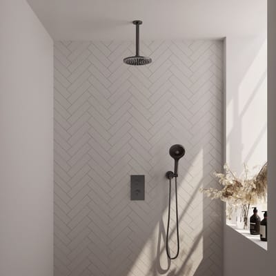 Brauer Gunmetal Edition thermostatische inbouw regendouche 3-weg omstelling SET 35 met 20 cm douchekop en plafondarm en 3-standen handdouche en doucheslang en wandaansluitbocht gunmetal geborsteld PVD