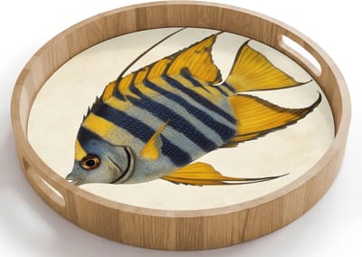 Dienblad rond 40x40 cm - Schootdienblad hout - Vis - Sierlijk - Vinnen - Illustratie - Borrelplank rechthoek - Plateau houten dienbladen