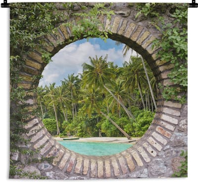 Wandkleed - Wanddoek - Doorkijk - Palm - Tropisch - Strand - zee - 180x180 cm - Wandtapijt