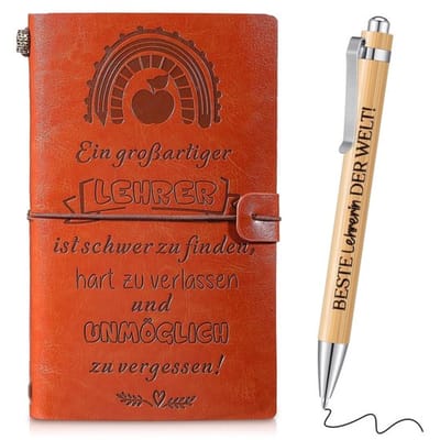 Dailygoods- Lerarencadeauset A6 PU-lederen Notitieboek - Motivatiebalpen - Afscheidscadeau - Draagbaar - Elegant - Retro kleur
