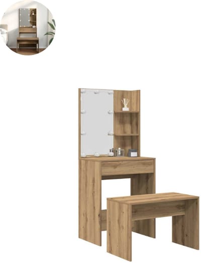 Kaptafel met spiegel - Make up tafel - Make up - Toilettafel - Met lades - Artisan Eiken