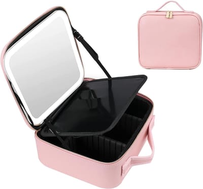 Complete make up koffer Draagbare Make-up Tas met Verlichte Spiegel en LED-lamp - Reis Make-up Tas - Duurzaam Waterdicht Materiaal - Grote Capaciteit - Lichtgewicht Ontwerp - Stijlvol Roze Complete make up koffer