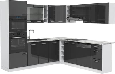 Vicco Hoekkeuken R-Line, Antraciet Hoogglans/Wit, 247 x 237 cm, WB Marmer