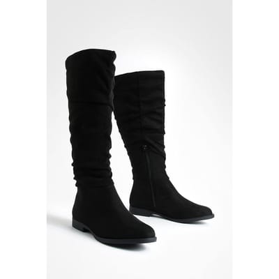boohoo Dames Faux Suede Slouchy Kniehoge Platte Laarzen | Zwart | Maat: 37