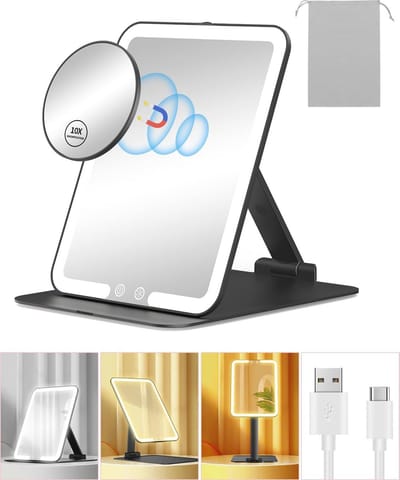 Draagbare make-up spiegel met verlichting en 10X vergroting - Compacte tafelblad spiegel met verstelbare standaard en 3 kleuren LED lichten