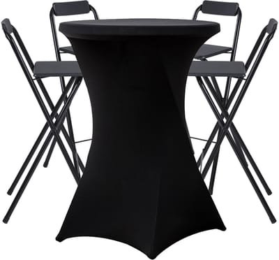4x Inklapbare barkruk + 1x Statafel Zwart incl. zwarte rok - Opklapbaar - Met voetsteun - Cocktailtafel - Met statafelrok zwart - Alora - Zwart - beurs