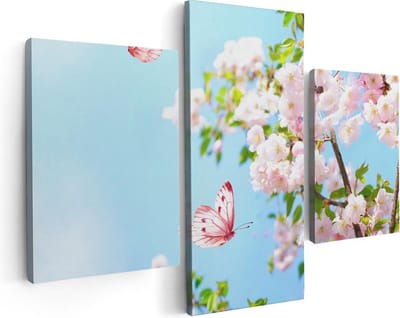 Artaza Canvas Schilderij Drieluik Twee Roze Vlinders Bij Roze Bloesem Bloemen - 90x60 - Foto Op Canvas - Canvas Print